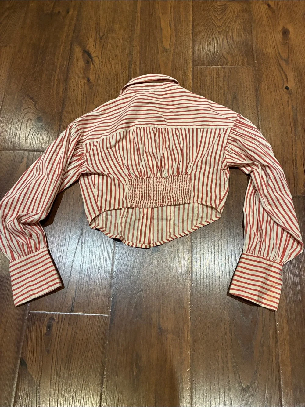 Free People Red and White Striped Cropped Button-Down Shirt